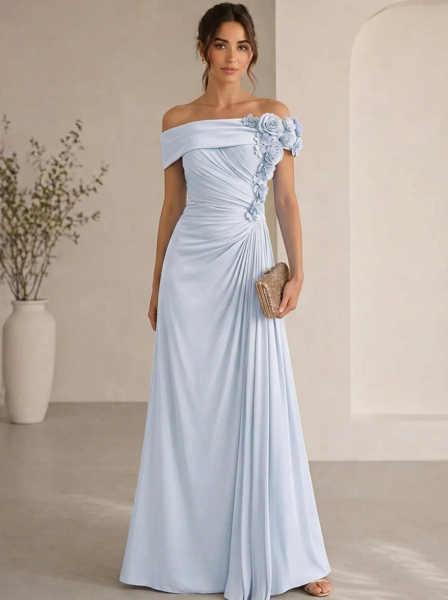 Trumpet/Mermaid Evening Gown Elegant Off The Shoulder Floral Chiffon Formal Dresses Olive Green Ruched Maxi Dresses