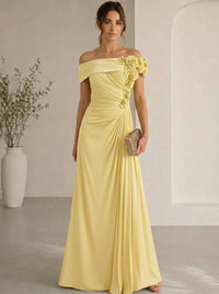 Trumpet/Mermaid Evening Gown Elegant Off The Shoulder Floral Chiffon Formal Dresses Olive Green Ruched Maxi Dresses