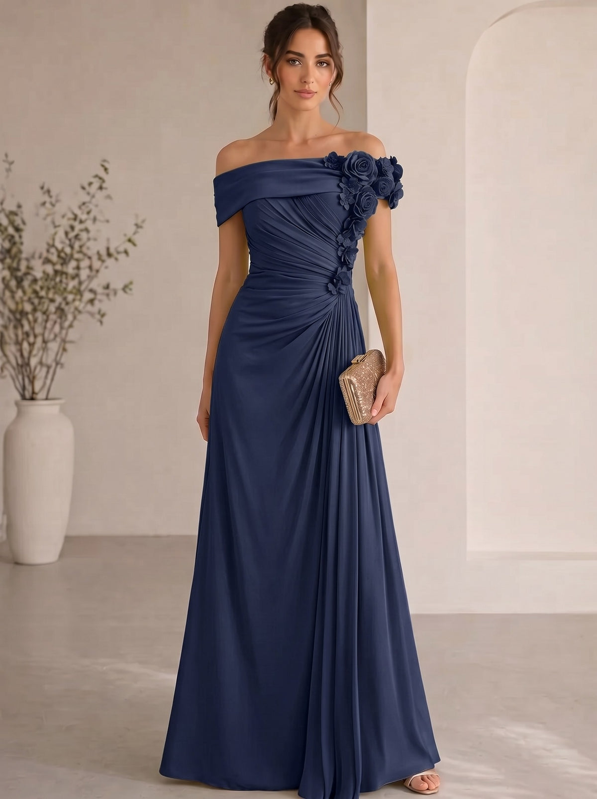 Trumpet/Mermaid Evening Gown Elegant Off The Shoulder Floral Chiffon Formal Dresses Olive Green Ruched Maxi Dresses