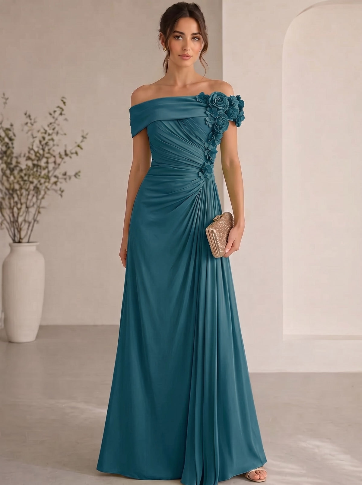 Trumpet/Mermaid Evening Gown Elegant Off The Shoulder Floral Chiffon Formal Dresses Olive Green Ruched Maxi Dresses
