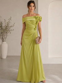 Trumpet/Mermaid Evening Gown Elegant Off The Shoulder Floral Chiffon Formal Dresses Olive Green Ruched Maxi Dresses