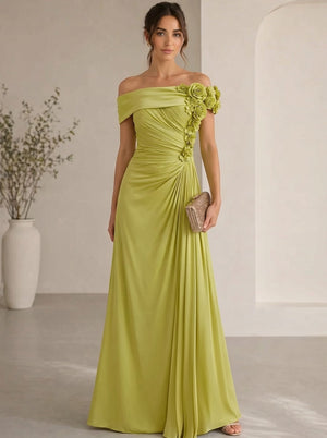 Trumpet/Mermaid Evening Gown Elegant Off The Shoulder Floral Chiffon Formal Dresses Olive Green Ruched Maxi Dresses