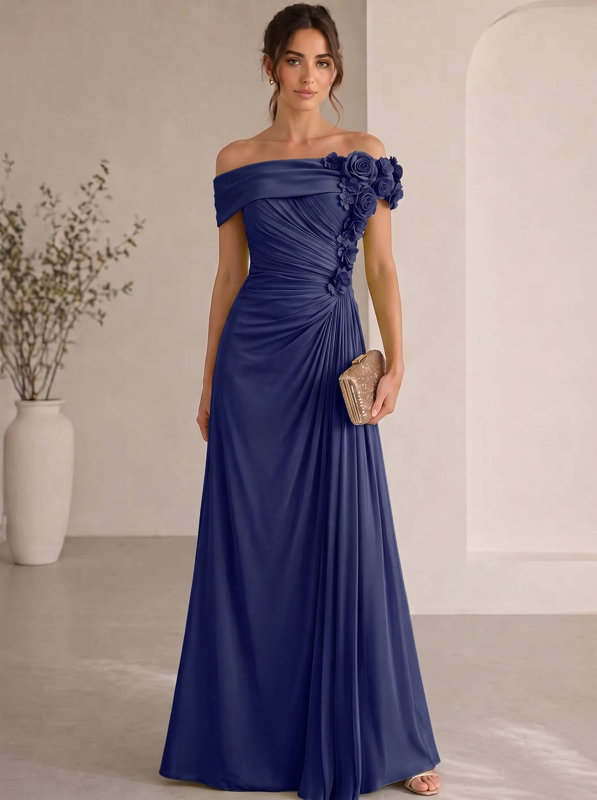 Trumpet/Mermaid Evening Gown Elegant Off The Shoulder Floral Chiffon Formal Dresses Olive Green Ruched Maxi Dresses