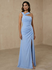 Sheath Formal Dresses Chiffon Halter Neck Sleeves Floor-length With Ruched Maxi Chiffon Wedding Guest Dress