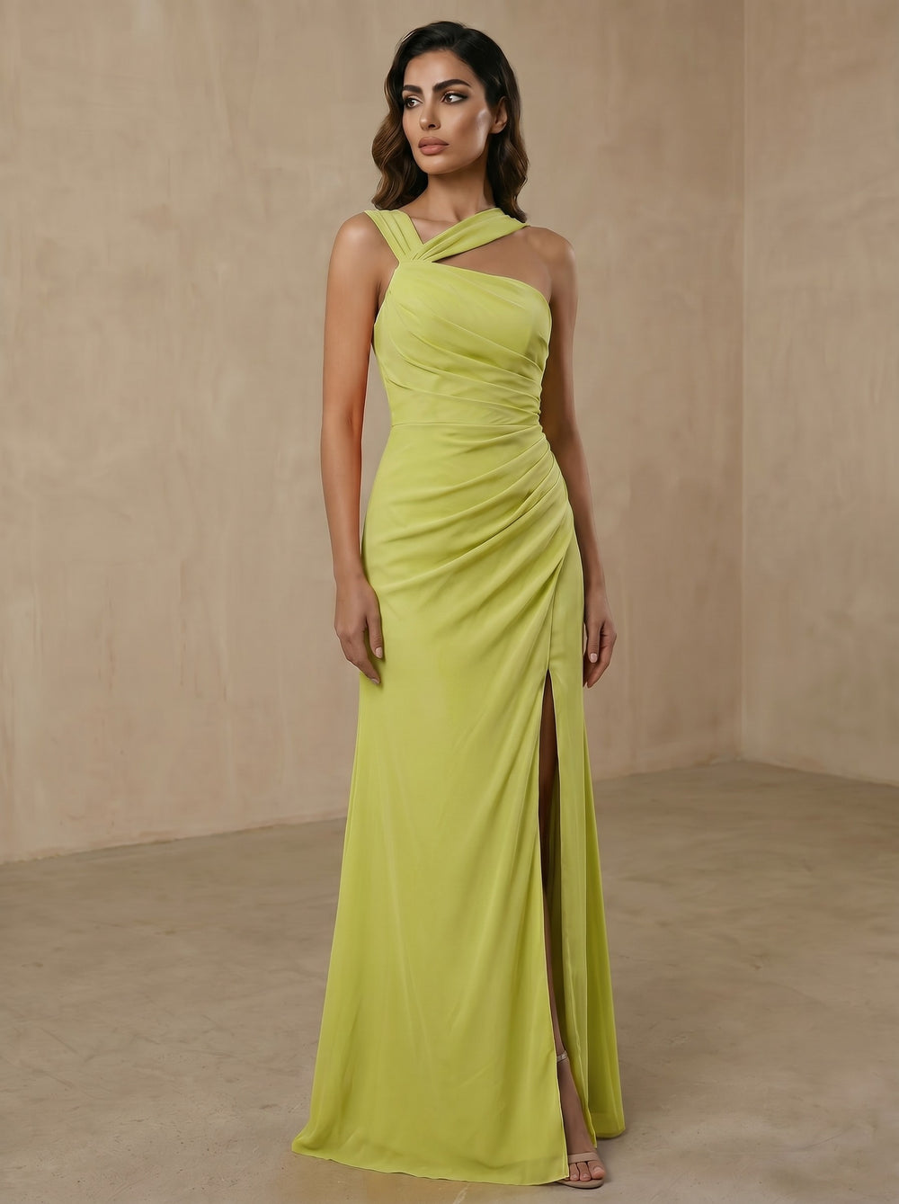 Sheath Formal Dresses Chiffon Halter Neck Sleeves Floor-length With Ruched Maxi Chiffon Wedding Guest Dress