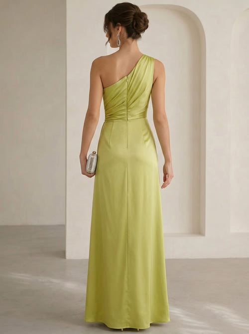Sheath Formal Dress One Shoulder Floor Lenght Chiffon Sleeveless Ruched Wedding Guest Dress Ruffles