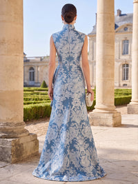 A-Line Mother Of The Bride Dress Elegant Floral Dress Sleeveless Jacquard Satin Ruched Formal Evening With High Slit