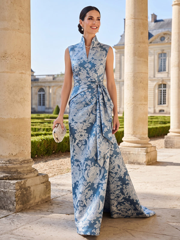 A-Line Mother Of The Bride Dress Elegant Floral Dress Sleeveless Jacquard Satin Ruched Formal Evening With High Slit