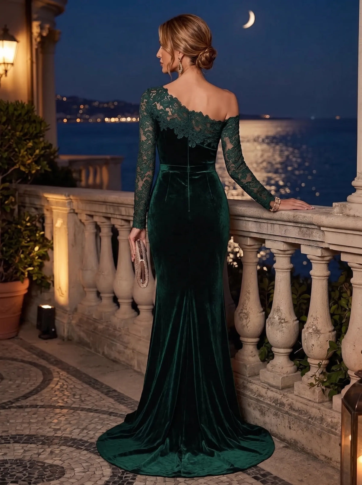 Sheath Velvet Evening Gown Floor Length One Shoulder Long Sleeves Elegant Formal Wedding Guest Dress With Lace