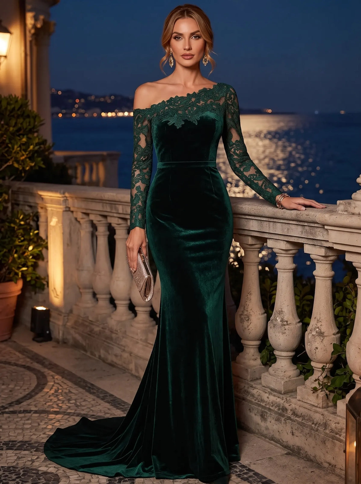 Sheath Velvet Evening Gown Floor Length One Shoulder Long Sleeves Elegant Formal Wedding Guest Dress With Lace