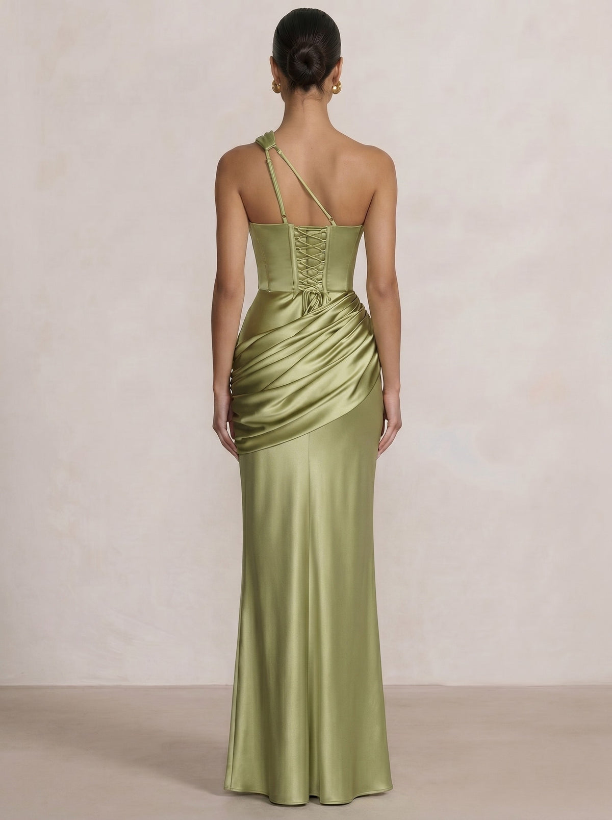 Mermaid Formal Dresses One Shoulder Olive Green Slevees Floor-Length Wedding Guest Dresses Ruched Maxi Dresses