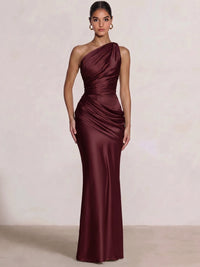 Mermaid Formal Dresses One Shoulder Olive Green Slevees Floor-Length Wedding Guest Dresses Ruched Maxi Dresses