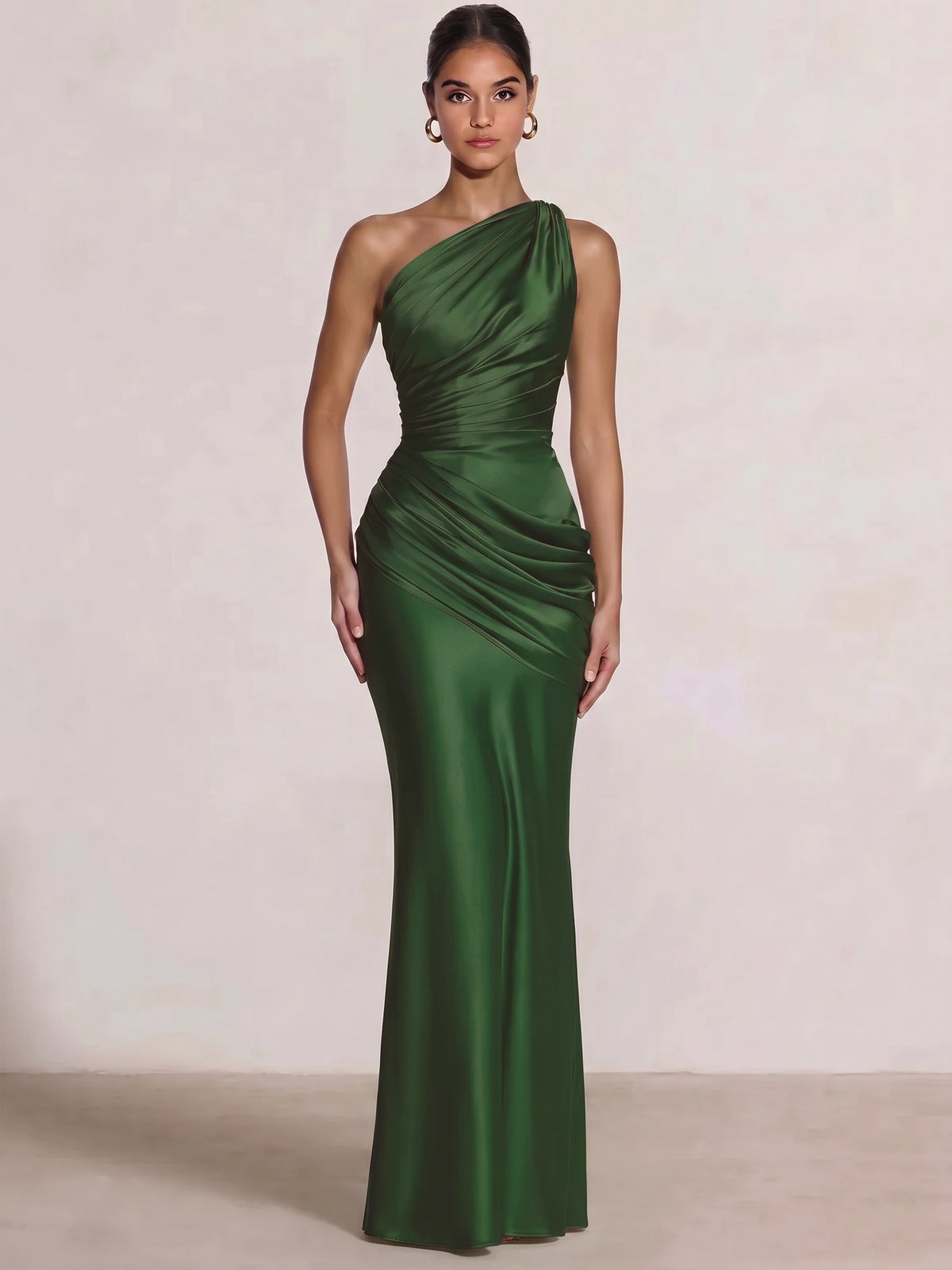Mermaid Formal Dresses One Shoulder Olive Green Slevees Floor-Length Wedding Guest Dresses Ruched Maxi Dresses