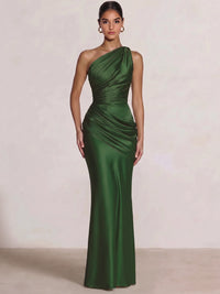 Mermaid Formal Dresses One Shoulder Olive Green Slevees Floor-Length Wedding Guest Dresses Ruched Maxi Dresses