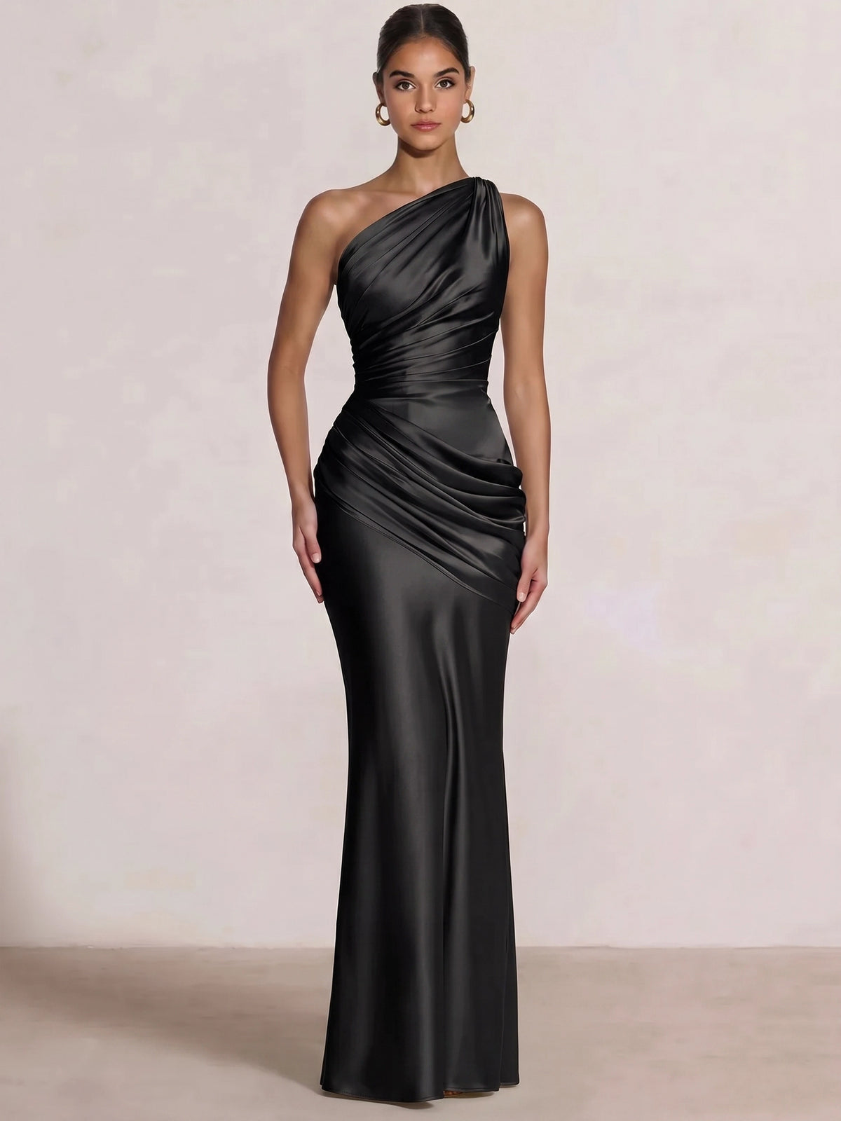 Mermaid Formal Dresses One Shoulder Olive Green Slevees Floor-Length Wedding Guest Dresses Ruched Maxi Dresses