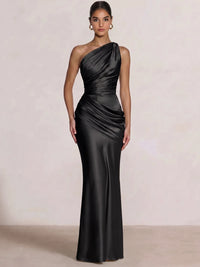 Mermaid Formal Dresses One Shoulder Olive Green Slevees Floor-Length Wedding Guest Dresses Ruched Maxi Dresses