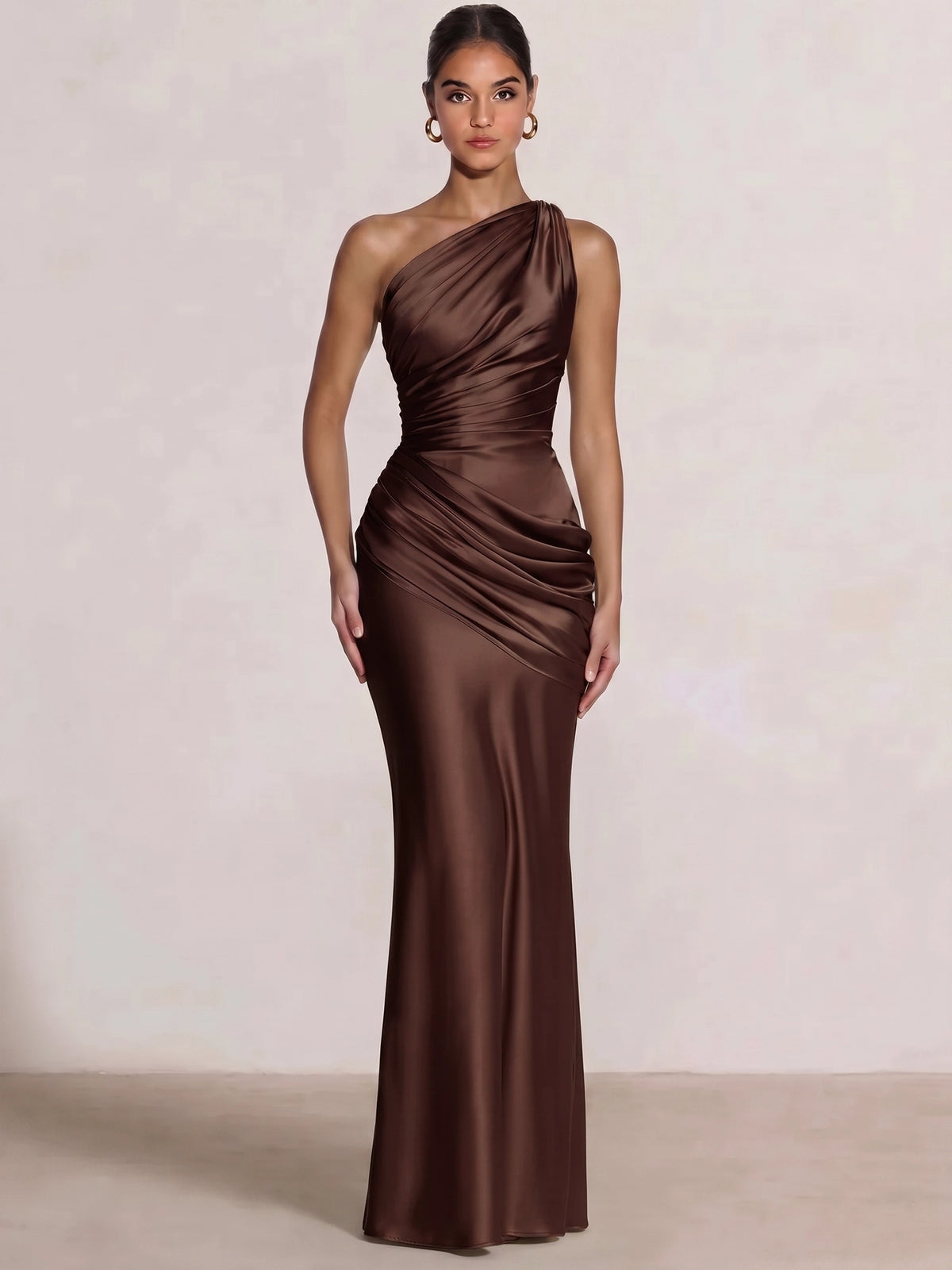Mermaid Formal Dresses One Shoulder Olive Green Slevees Floor-Length Wedding Guest Dresses Ruched Maxi Dresses