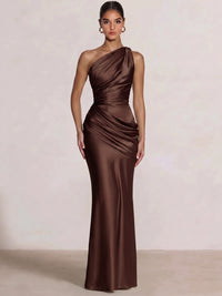 Mermaid Formal Dresses One Shoulder Olive Green Slevees Floor-Length Wedding Guest Dresses Ruched Maxi Dresses