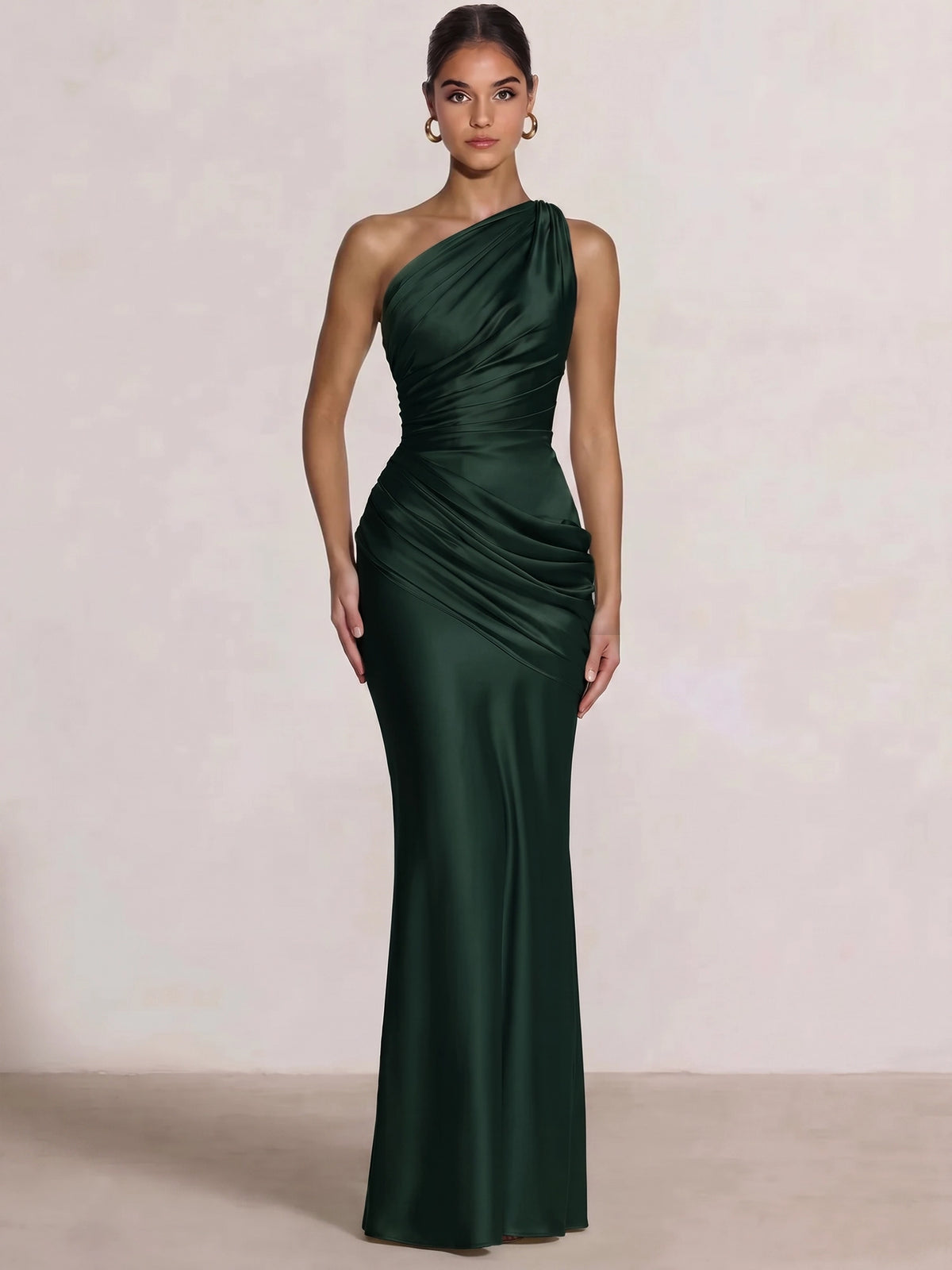 Mermaid Formal Dresses One Shoulder Olive Green Slevees Floor-Length Wedding Guest Dresses Ruched Maxi Dresses