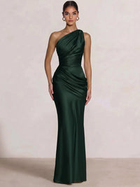 Mermaid Formal Dresses One Shoulder Olive Green Slevees Floor-Length Wedding Guest Dresses Ruched Maxi Dresses