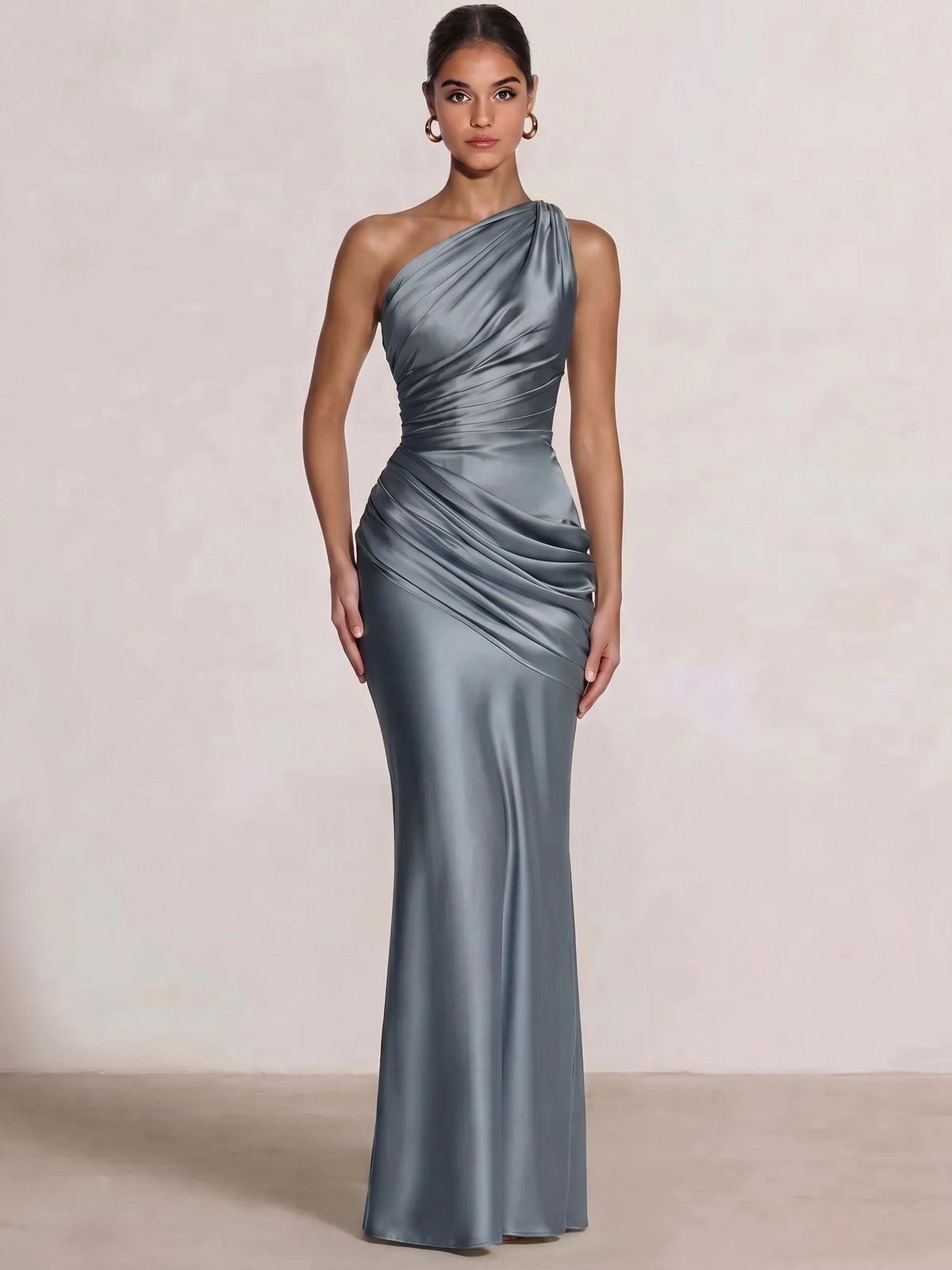 Mermaid Formal Dresses One Shoulder Olive Green Slevees Floor-Length Wedding Guest Dresses Ruched Maxi Dresses