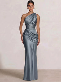 Mermaid Formal Dresses One Shoulder Olive Green Slevees Floor-Length Wedding Guest Dresses Ruched Maxi Dresses