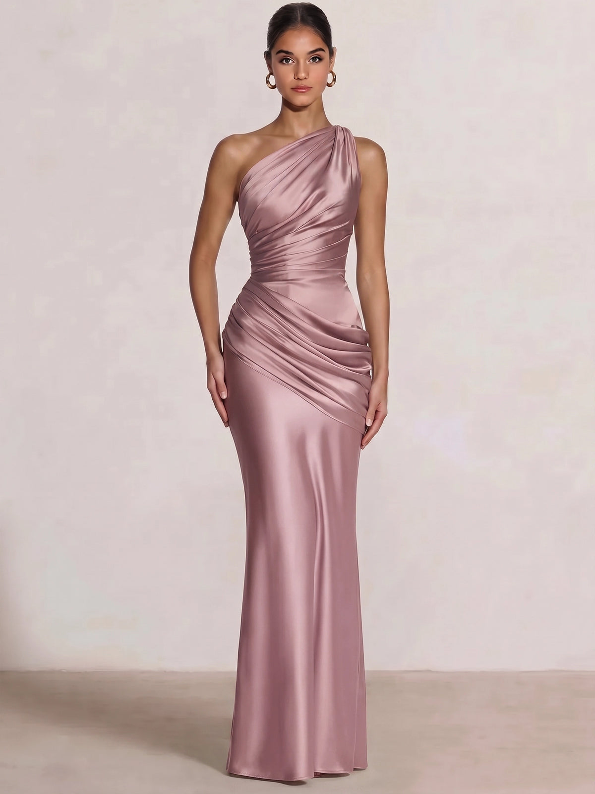 Mermaid Formal Dresses One Shoulder Olive Green Slevees Floor-Length Wedding Guest Dresses Ruched Maxi Dresses