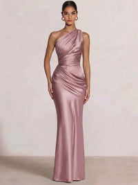 Mermaid Formal Dresses One Shoulder Olive Green Slevees Floor-Length Wedding Guest Dresses Ruched Maxi Dresses