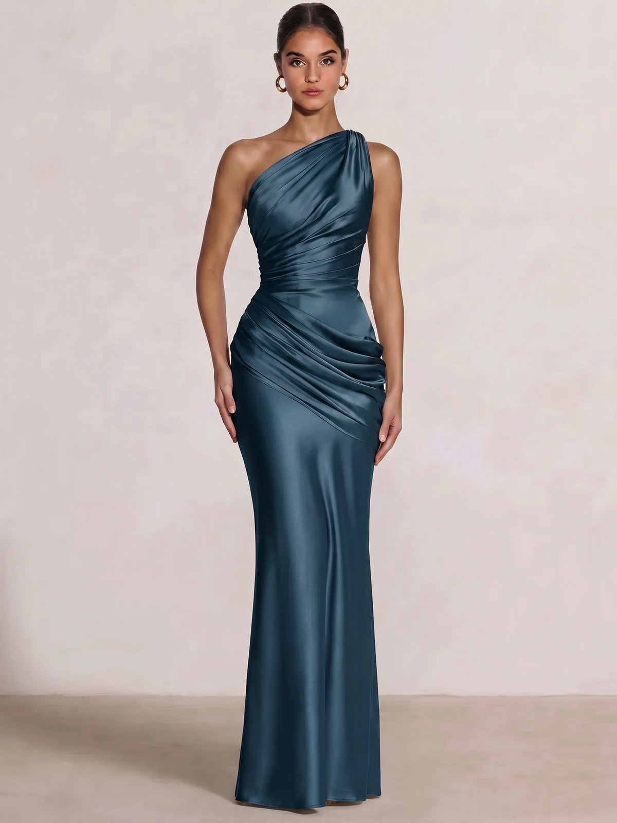 Mermaid Formal Dresses One Shoulder Olive Green Slevees Floor-Length Wedding Guest Dresses Ruched Maxi Dresses