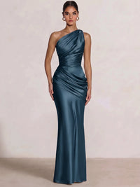 Mermaid Formal Dresses One Shoulder Olive Green Slevees Floor-Length Wedding Guest Dresses Ruched Maxi Dresses