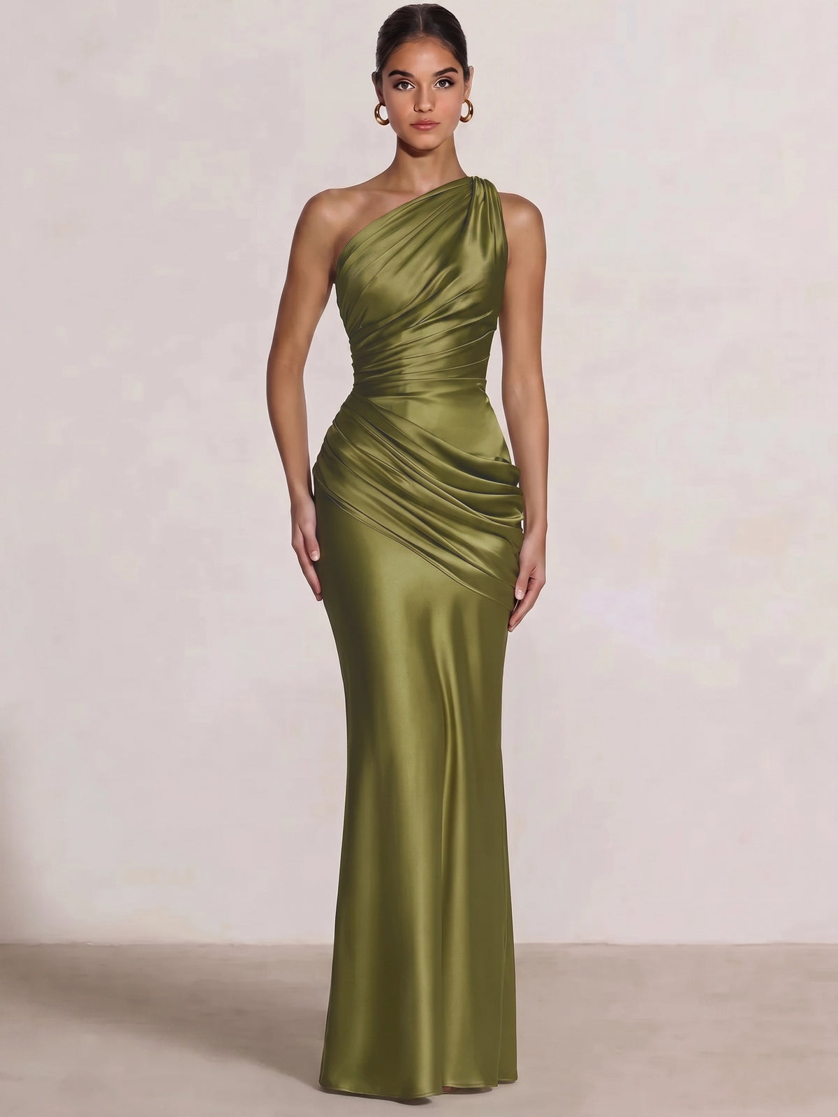 Mermaid Formal Dresses One Shoulder Olive Green Slevees Floor-Length Wedding Guest Dresses Ruched Maxi Dresses