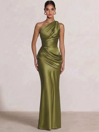 Mermaid Formal Dresses One Shoulder Olive Green Slevees Floor-Length Wedding Guest Dresses Ruched Maxi Dresses