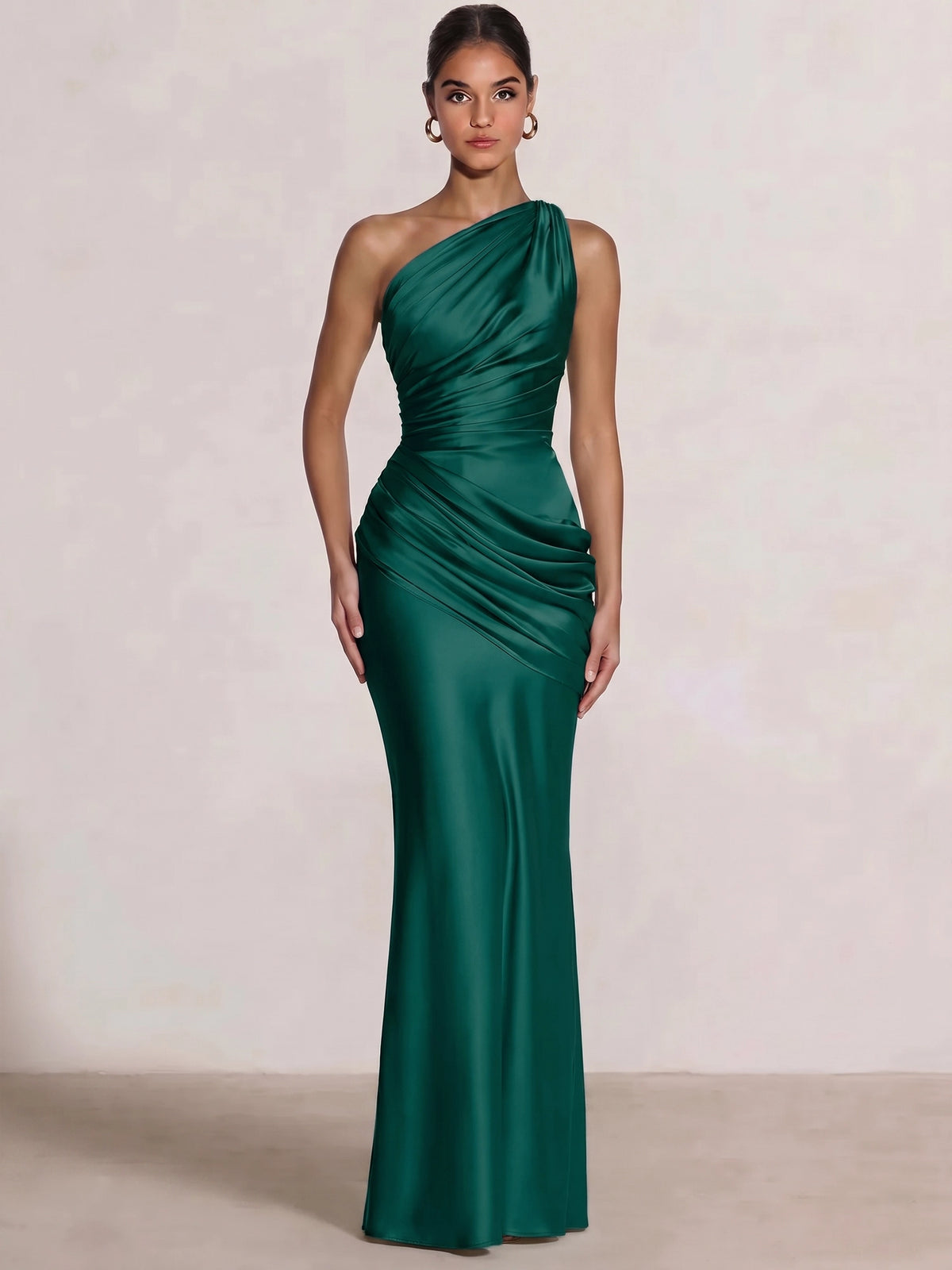 Mermaid Formal Dresses One Shoulder Olive Green Slevees Floor-Length Wedding Guest Dresses Ruched Maxi Dresses