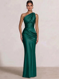 Mermaid Formal Dresses One Shoulder Olive Green Slevees Floor-Length Wedding Guest Dresses Ruched Maxi Dresses