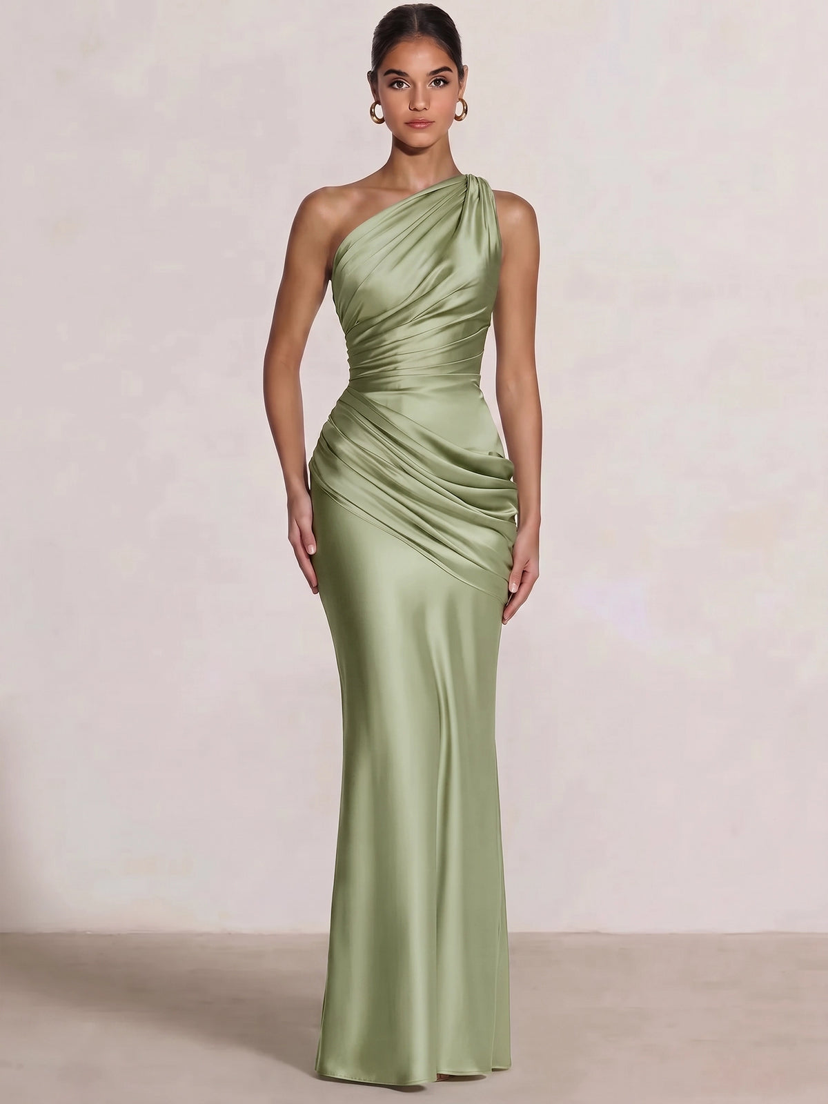 Mermaid Formal Dresses One Shoulder Olive Green Slevees Floor-Length Wedding Guest Dresses Ruched Maxi Dresses