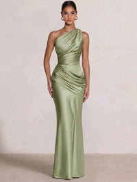 Mermaid Formal Dresses One Shoulder Olive Green Slevees Floor-Length Wedding Guest Dresses Ruched Maxi Dresses