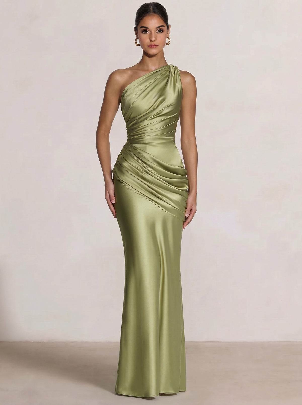 Nafori Olive Green Mermaid Formal Dresses One Shoulder Olive Green Slevees Floor-Length Wedding Guest Dresses Ruched Maxi Dresses 2026