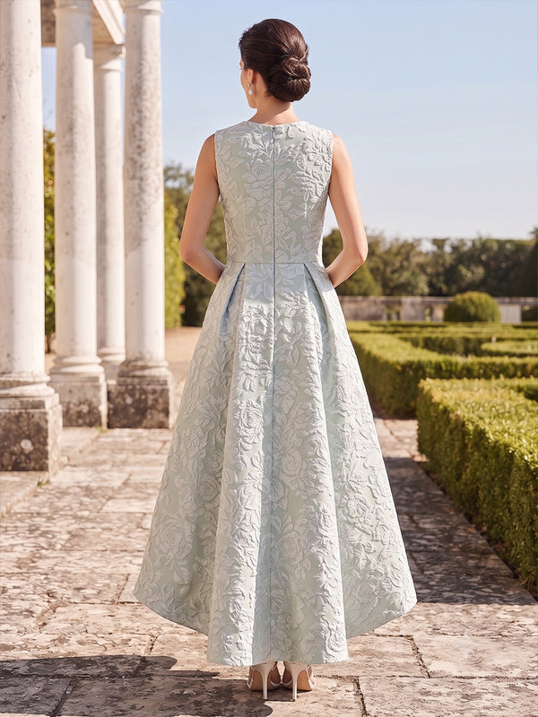 A-Line Mother Of The Bride Dress Elegant Floral Dress Sleeveless Jacquard Satin Ruched Formal With Pocket