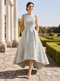 A-Line Mother Of The Bride Dress Elegant Floral Dress Sleeveless Jacquard Satin Ruched Formal With Pocket