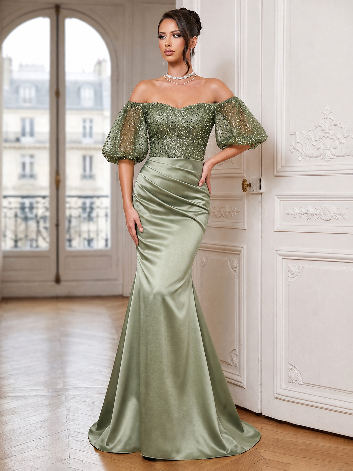 Mermaid/Trumpet Evening Dresses Elegant Off The Shoulder Satin Floor-Length Formal Dress Sequins Short Sleeves Gown