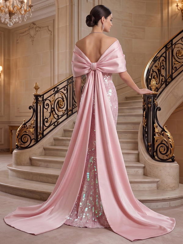 Sheath/Column Evening Dresses Elegant Off The Shoulder Satin Floor-Length Formal Dress Sequins With Back Cape Train Back Bow