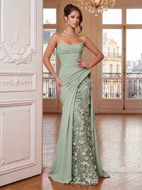 Sheath/Column Evening Dresses Strapless Floor-Length Formal Runched Dress With Floral