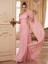 A-Line/Princess Chiffon Evening Dresses With Feather One Shoulder Sleeveless Formal Pleated Dress With Cape