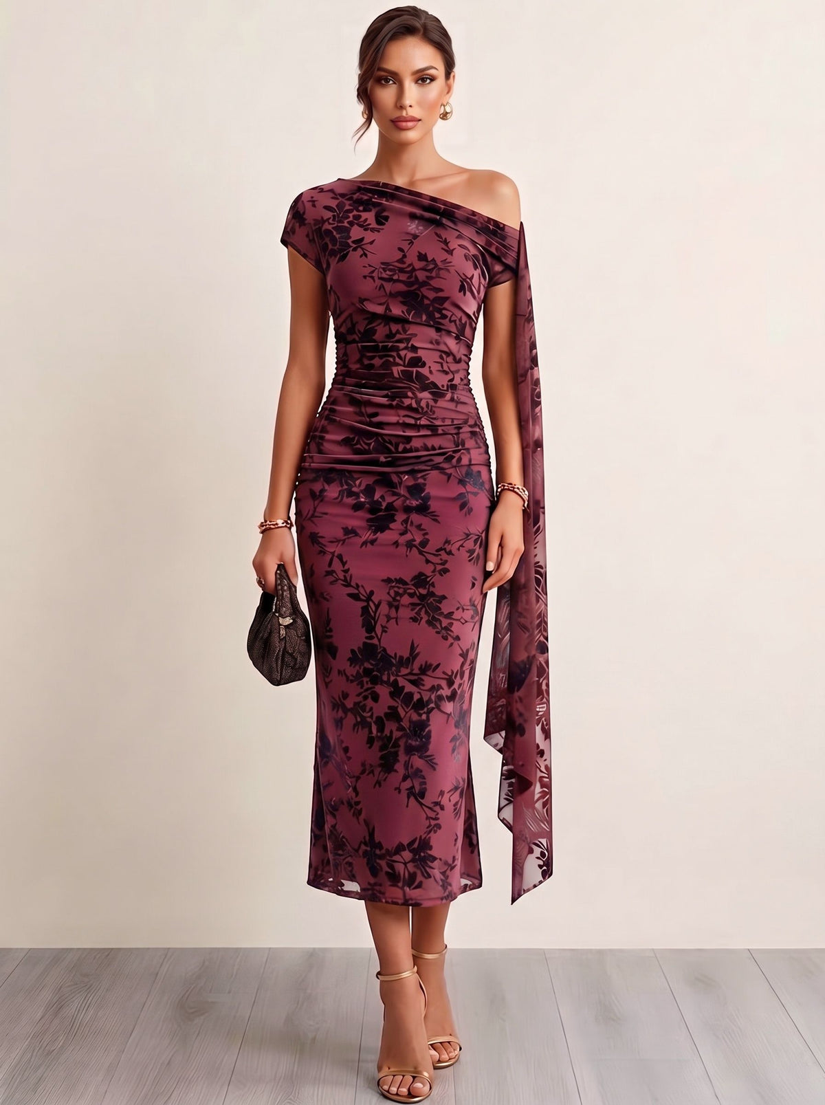 Mermaid Velvet Cocktail Dress Ankle Length  Flocked Tulle One Shoulder Short Sleeve Fall Wedding Guest Dress