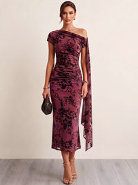 Mermaid Velvet Cocktail Dress Ankle Length  Flocked Tulle One Shoulder Short Sleeve Fall Wedding Guest Dress