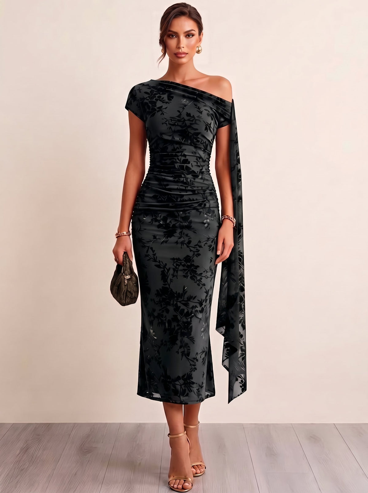 Mermaid Velvet Cocktail Dress Ankle Length  Flocked Tulle One Shoulder Short Sleeve Fall Wedding Guest Dress