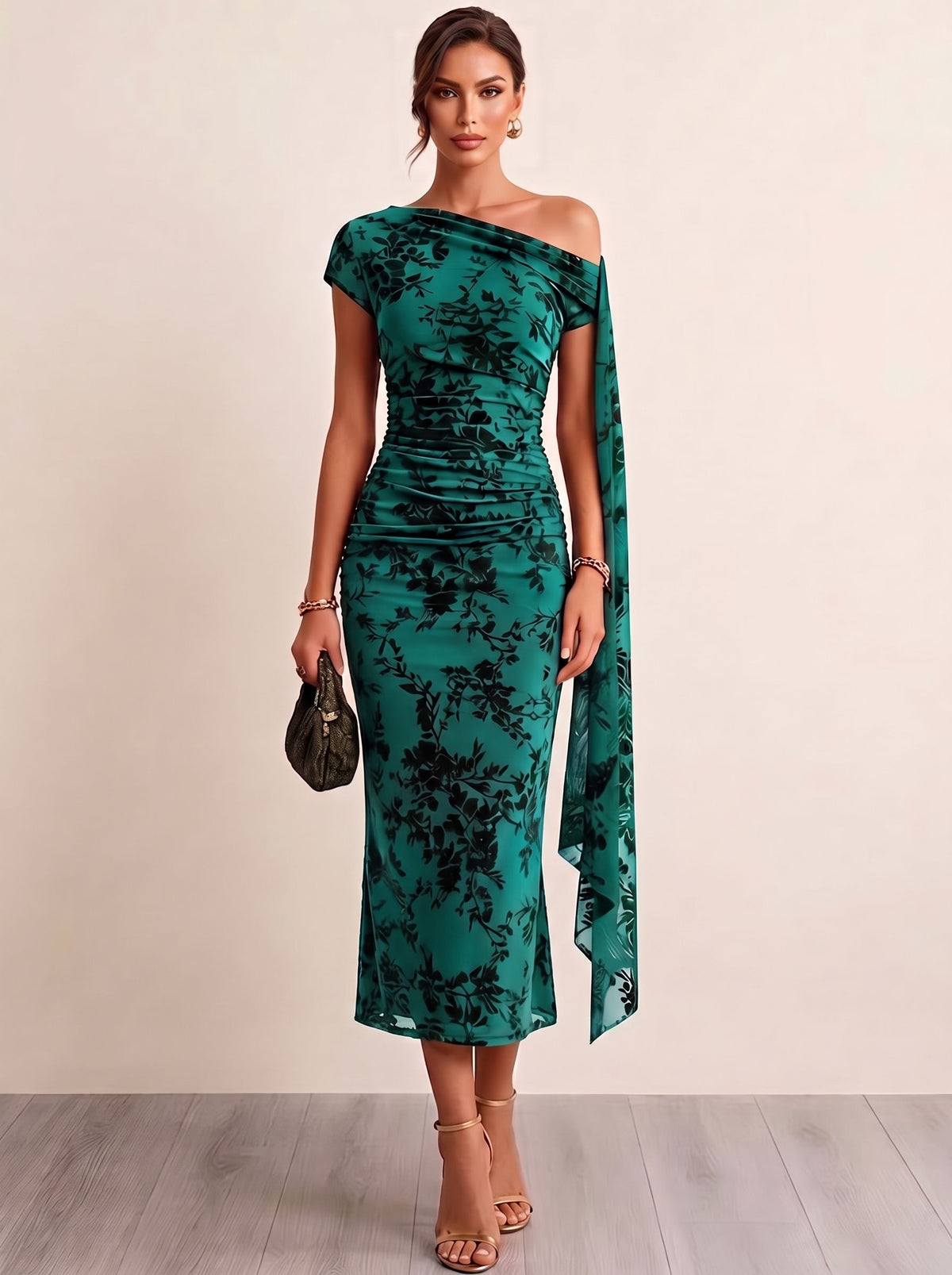 Mermaid Velvet Cocktail Dress Ankle Length  Flocked Tulle One Shoulder Short Sleeve Fall Wedding Guest Dress