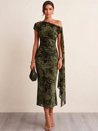 Mermaid Velvet Cocktail Dress Ankle Length  Flocked Tulle One Shoulder Short Sleeve Fall Wedding Guest Dress