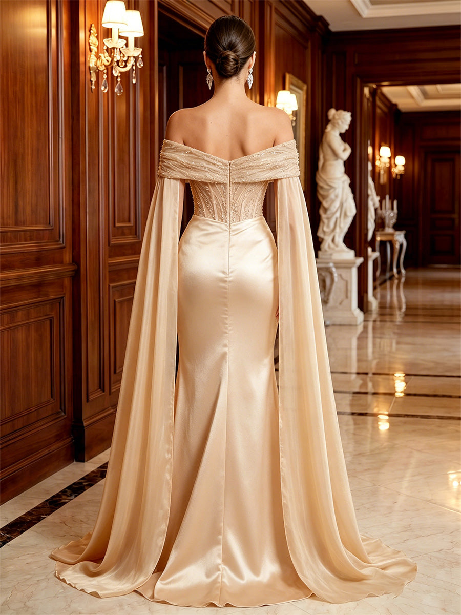 Mermaid Evening Dresses Formal Dresses Draped Satin Off-The-Shoulder Watteau Train Sleeveless Floor-Length Beads Boning Split Side Wedding Guest