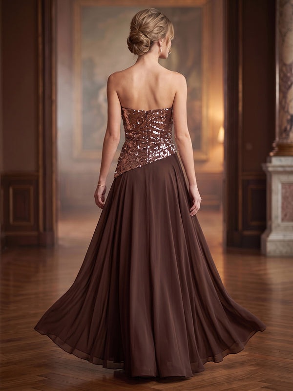 A Line/Princesses Evening Dresses Sequins Chiffon Strapless Sleeveless Floor-Length Pleated Formal Dress Wedding Guest With Scarf